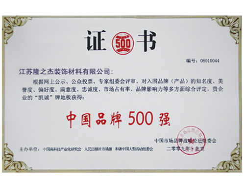 中国品牌500强证书